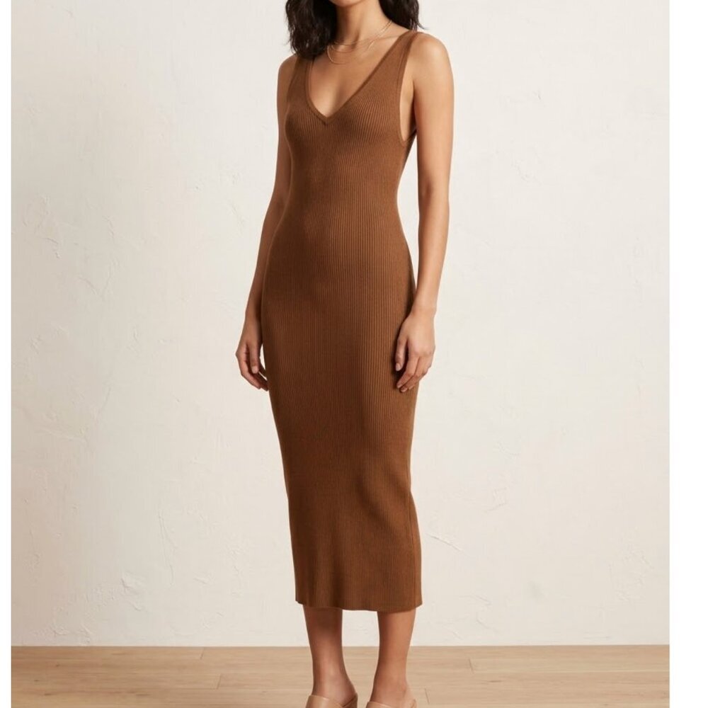 House of Harlow 1960 Brown Ribbed Knit V-Neck Midi Bodycon Dress Medium M - Picture 1 of 7